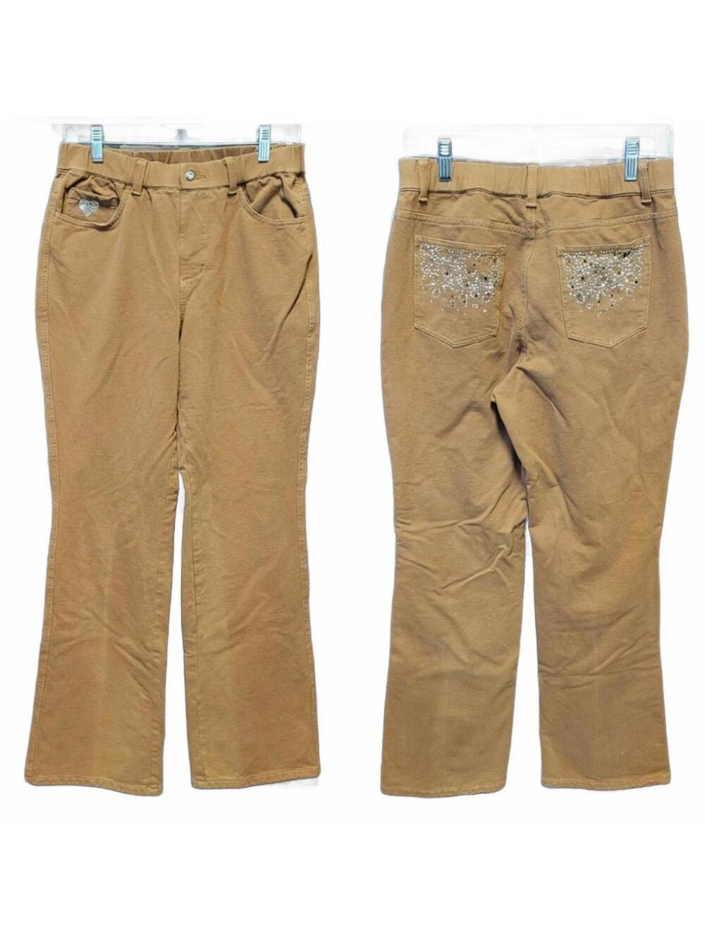 Dream Jeannes Rhinestone Embellished High Rise Pull On Khaki Tan Flare Pants